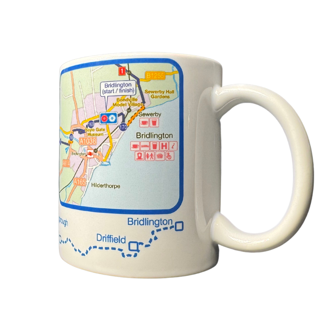 Right side view of Way of the Roses mug, showing map of Bridlington