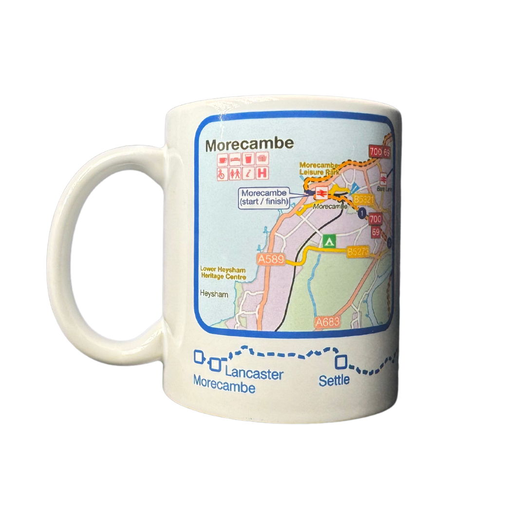 Left side view of Way of the Roses  mug, showing map print of Morecambe