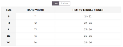 Size chart for gloves
