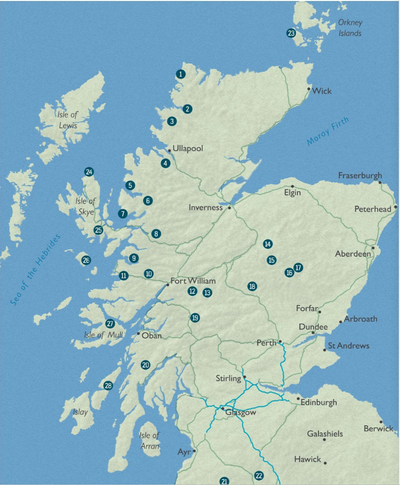 Location of walks in the Scottish Bothy Walks guidebook