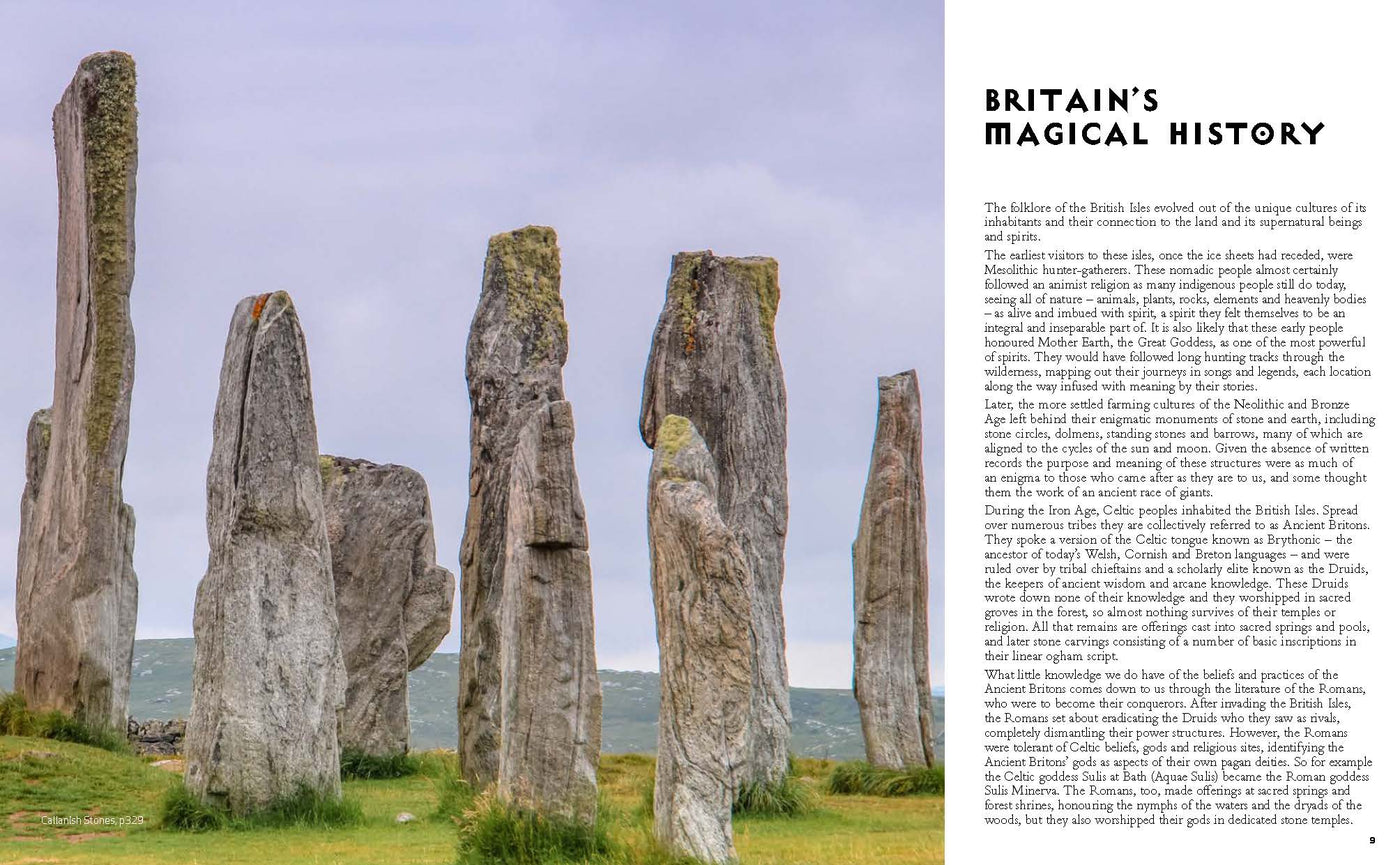 Page sample: image showing stone circles on the left and text about Britain's Magical History on the right. 