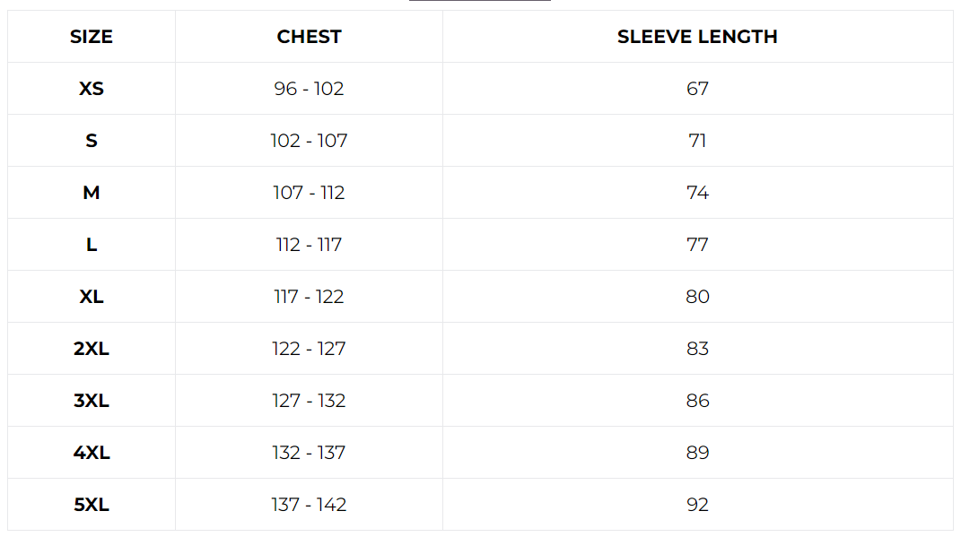 Size chart for Proviz SWITCH jacket