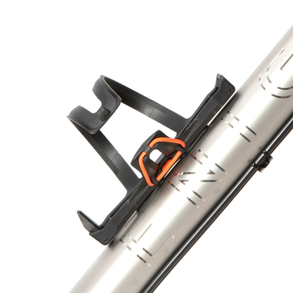 Side release water bottle cage with black and orange design on a white background