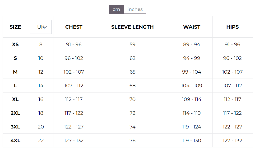 Women's Proviz switch jacket size chart