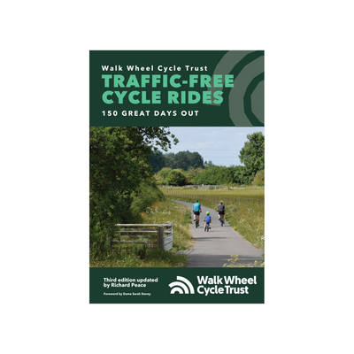 Book cover of 'Traffic-Free Cycle Rides' by Walk Wheel Cycle Trust with a scenic bike path image.