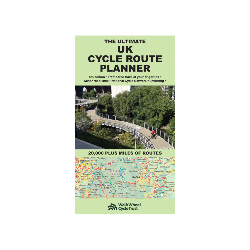Cover of 'The Ultimate UK Cycle Route Planner' map with a map and image of a cyclist riding over a bridge  on a light green background.