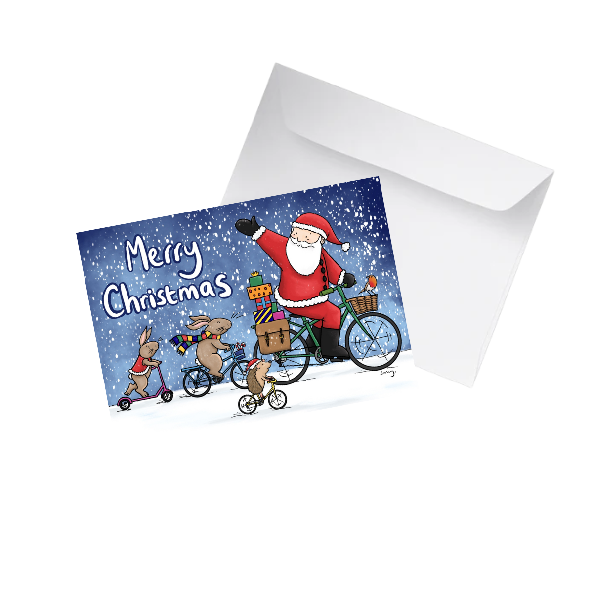 Christmas card with Santa Claus on a bike and rabbits, featuring a white envelope.