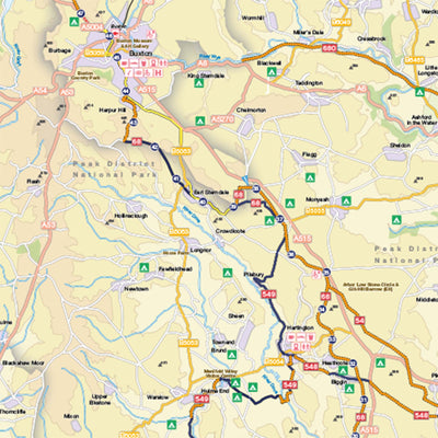 Pennine Cycleway South map sample, showing route 68 going through Peak District National Park. 