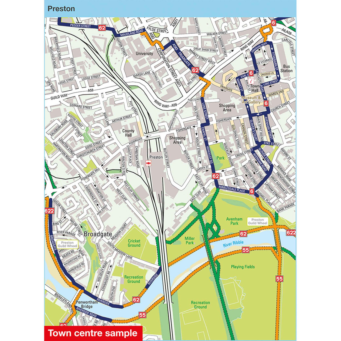 Town centre sample: Preston, featuring route 6, 55, 62 and 622