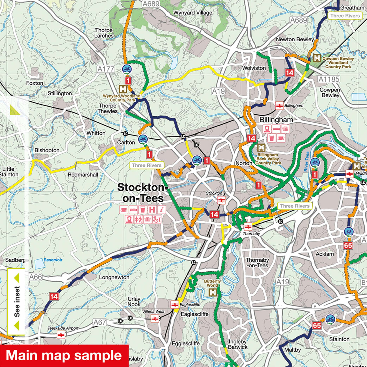 Main map sample for the North York Moors, Tees Valley and Durham Coast cycle map