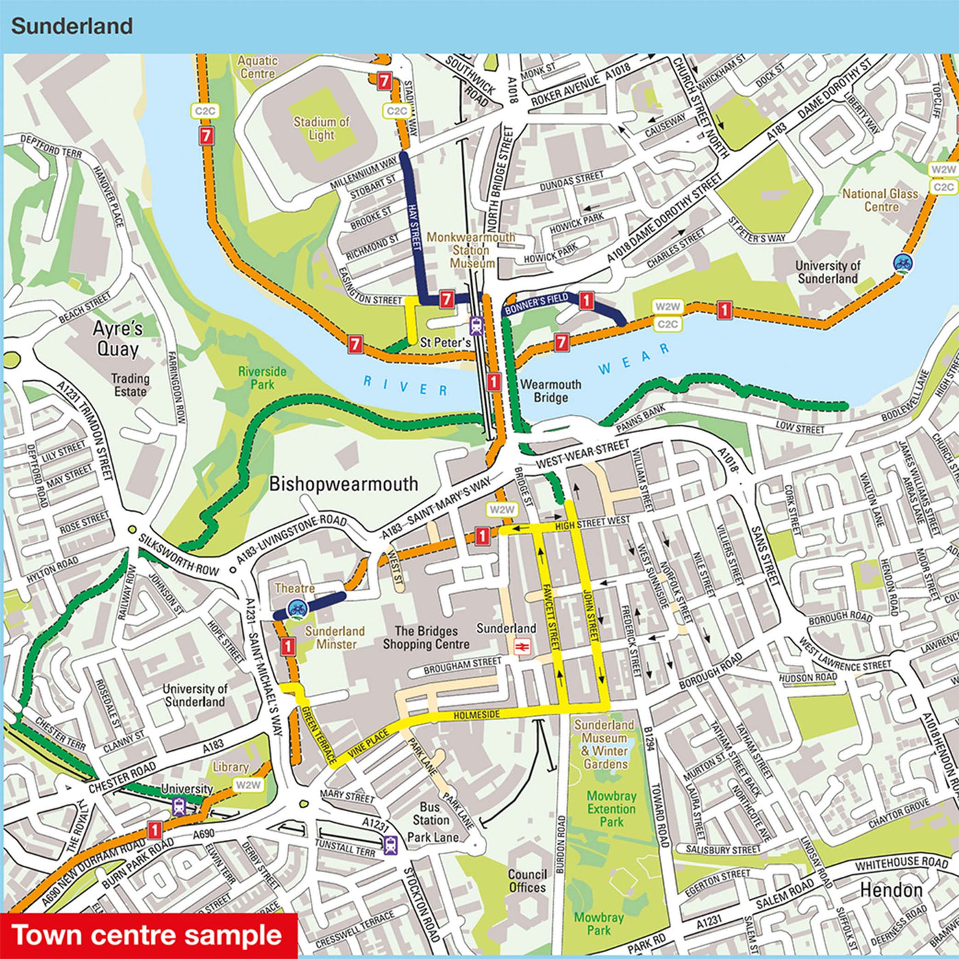 Town map sample: Sunderland, featuring routes 1 and 7