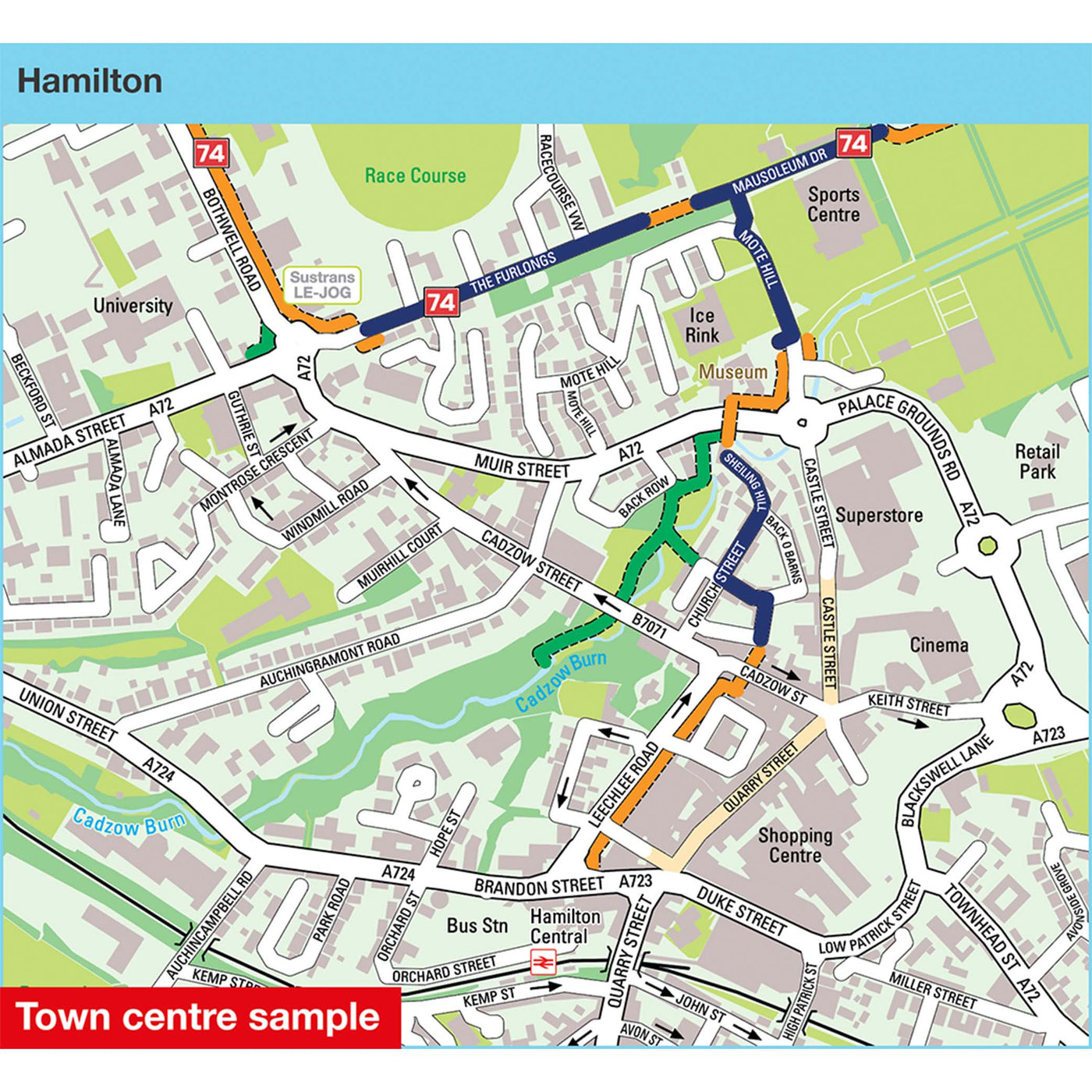 Town centre sample: Hamilton, featuring route 74
