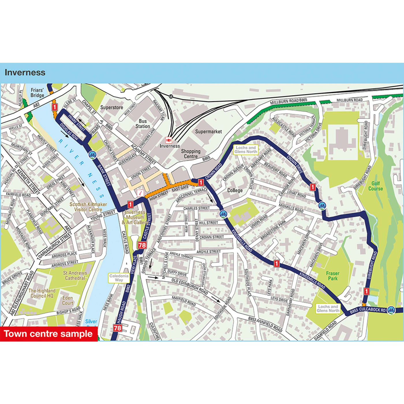 Town centre sample: Inverness, featuring route 1
