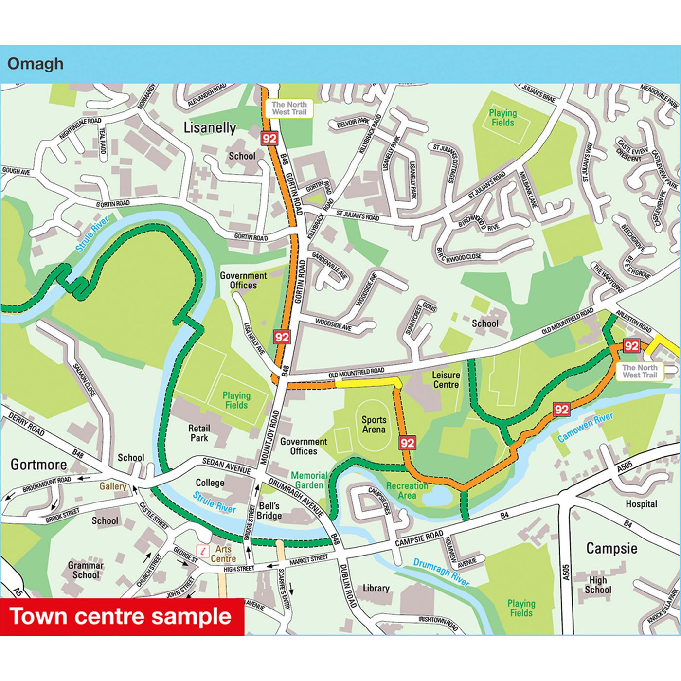 Town centre sample: Omagh, featuring route 92