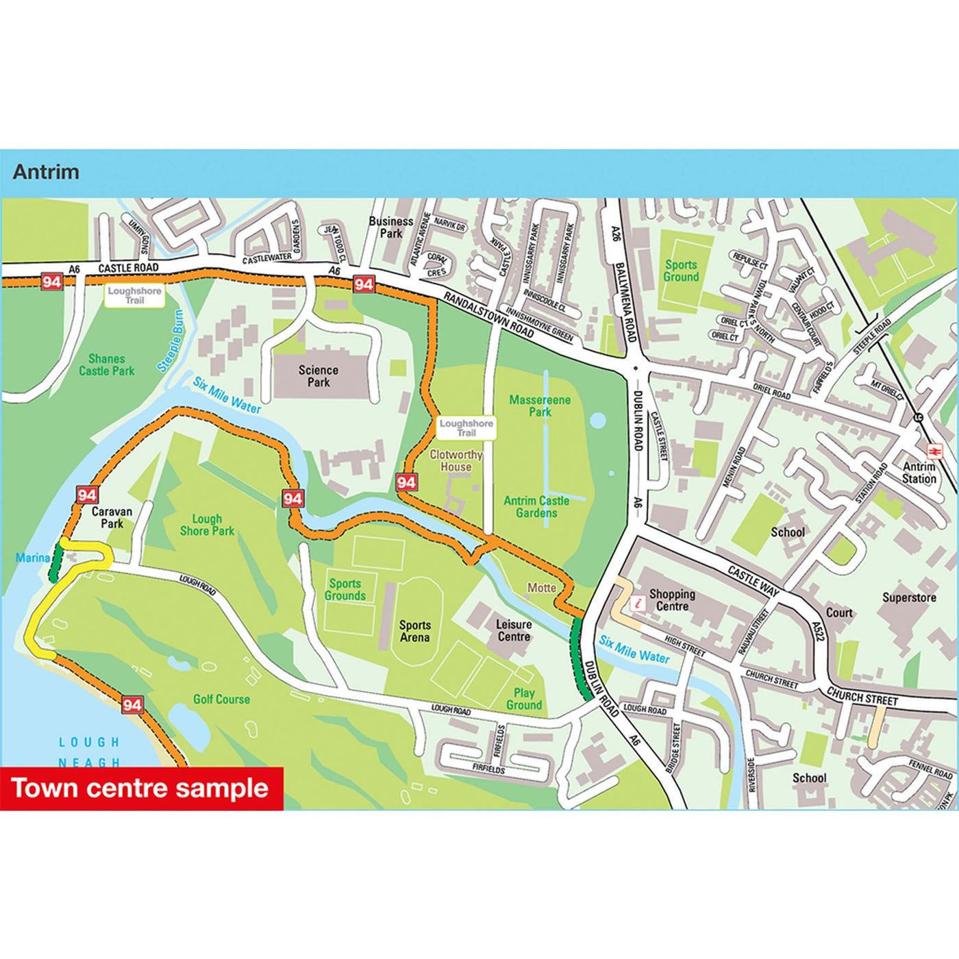 Town centre sample: Antrim, featuring route 94
