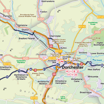 South Coast West cycle route map - Map sample, Dorchester 